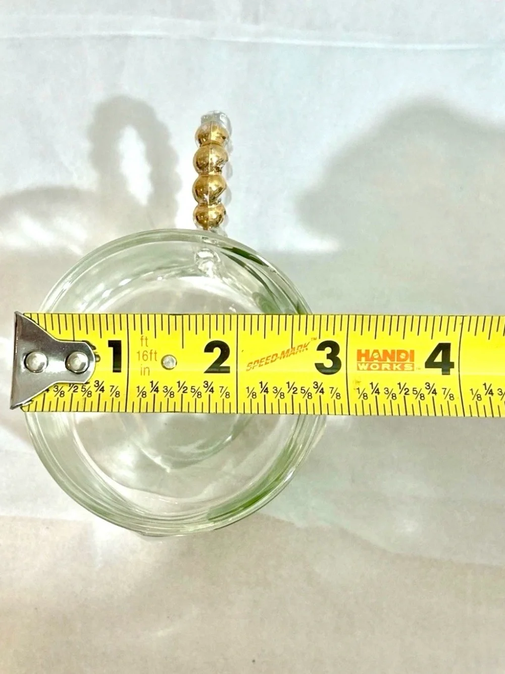 4 Vtg Gay Fad Hazel Atlas Glass 22K Gold Boopie Handle Green Ivy Tea Cup MCM 4oz